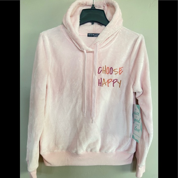 NEW Fifth Sun Women’s Pullover Fleece Sherpa ‘Choose Happy’ Hooded Hoodie Pink M - Picture 6 of 6